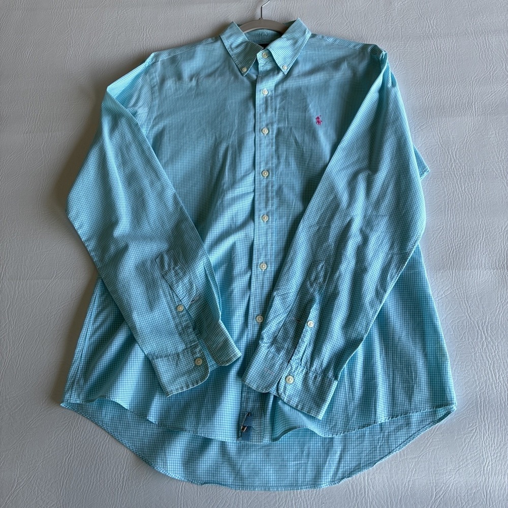 Men's Med Shirt Ralph Lauren Custom Fit Preppy Blue Gingham Plaid Non-iron GUC